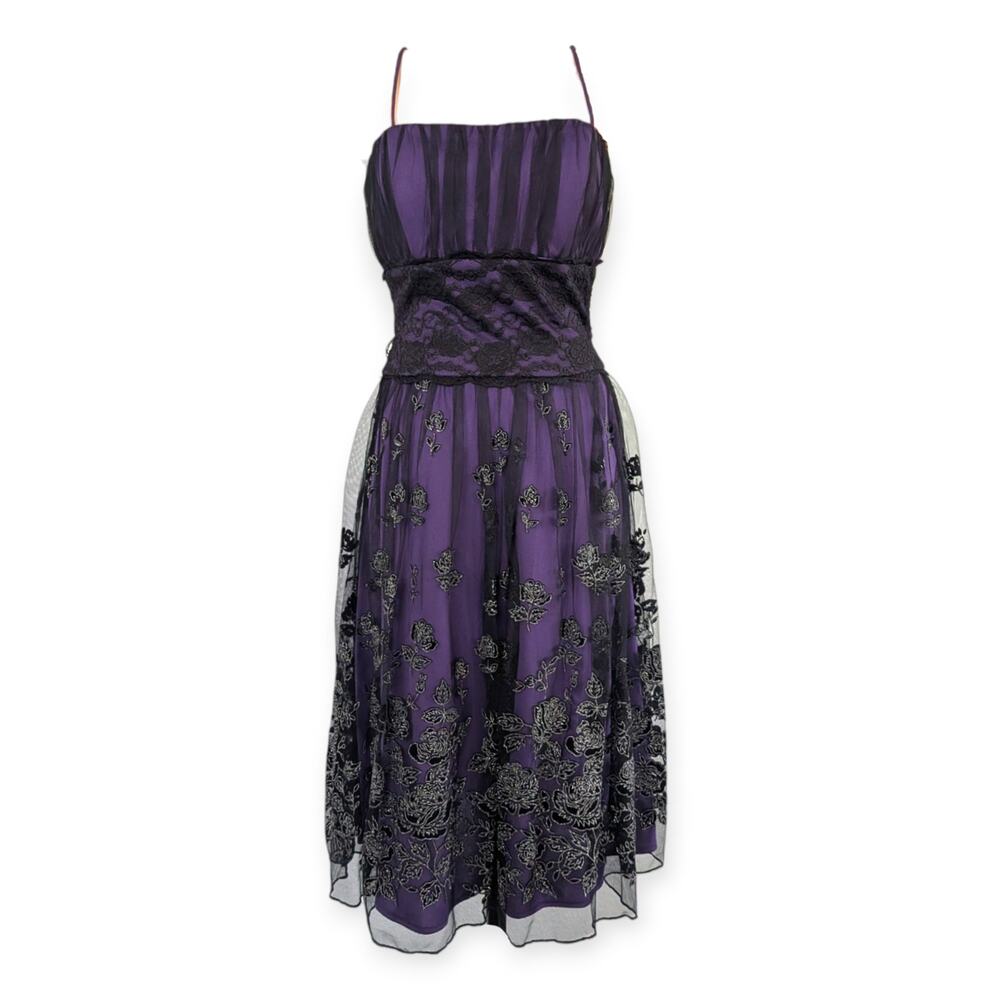 Y2k Dark Fairy Dress ~ Silver Glitter Burnout Overlays Purple Satin L